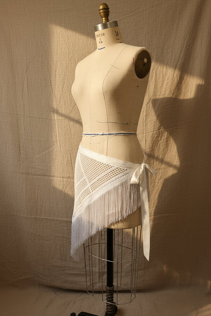 Ivory Crochet Hip Scarf with Fringe | Upcycled Crochet Table Linen