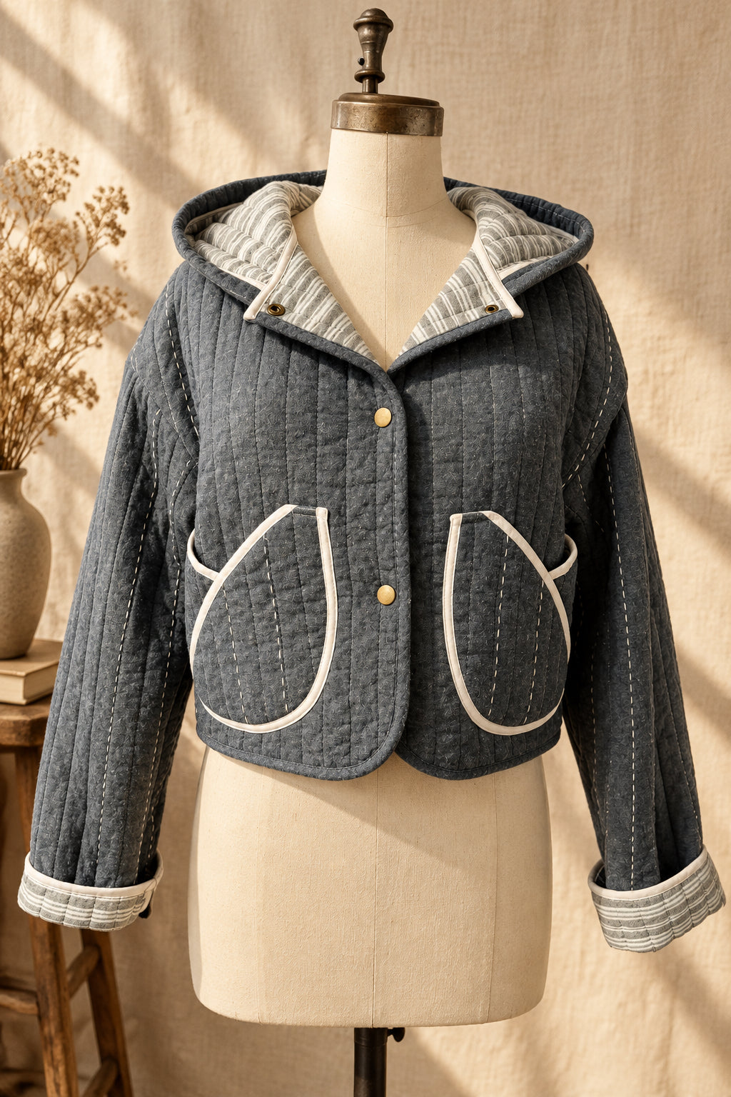 Denim Quilted Quilted Cropped Jacket with Hood | Upcylced Quilt
