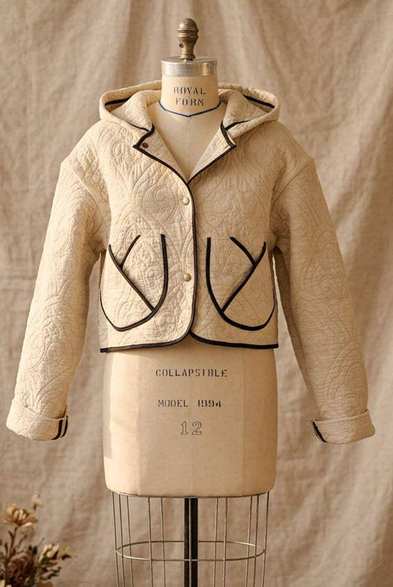 Beige Quilted Crop Jacket w/Hood