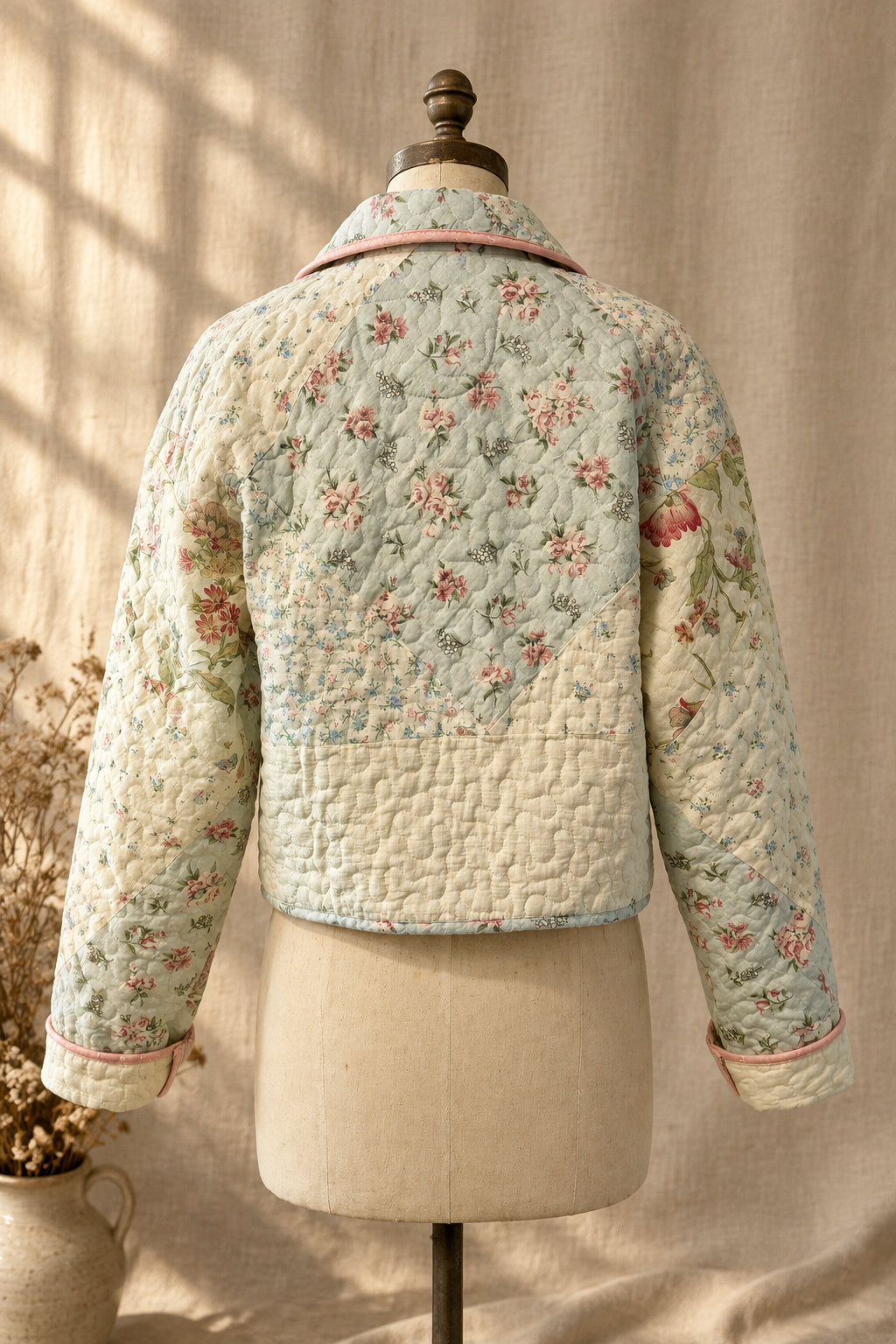 Patchwork Quilted Cropped Jacket with Collar | Upcylced Quilt