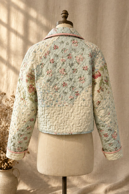 Patchwork Quilted Cropped Jacket with Collar | Upcylced Quilt