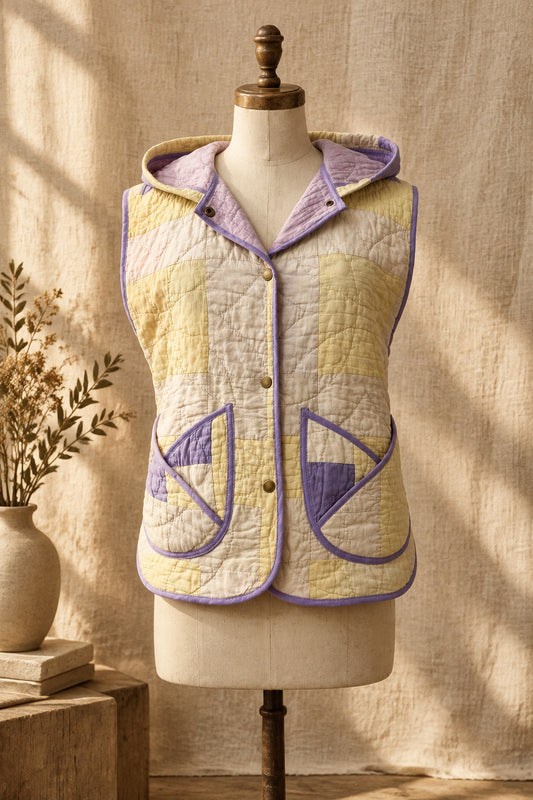 A quilted sleeveless vest displayed on a cream dress form mannequin in a home studio setting. The vest features a pastel patchwork design with yellow, lavender purple, and white panels, with lavender piping and a lavender hood lining.