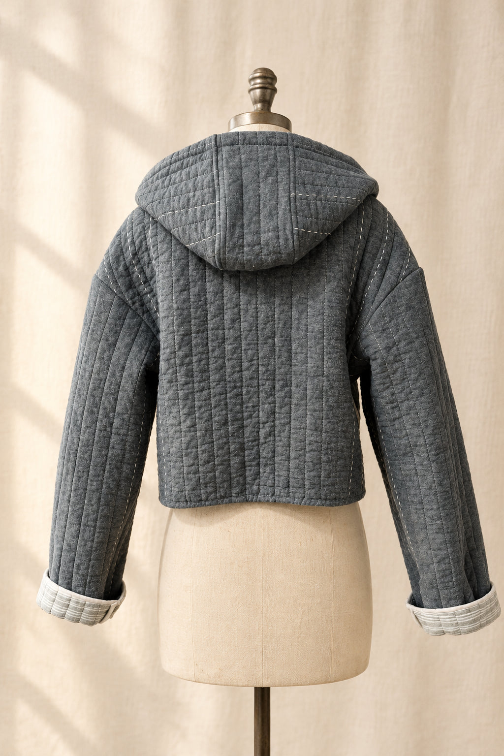 Denim Quilted Quilted Cropped Jacket with Hood | Upcylced Quilt