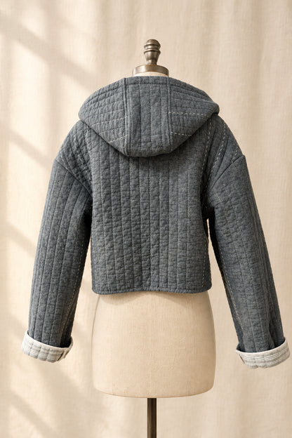 Denim Quilted Quilted Cropped Jacket with Hood | Upcylced Quilt