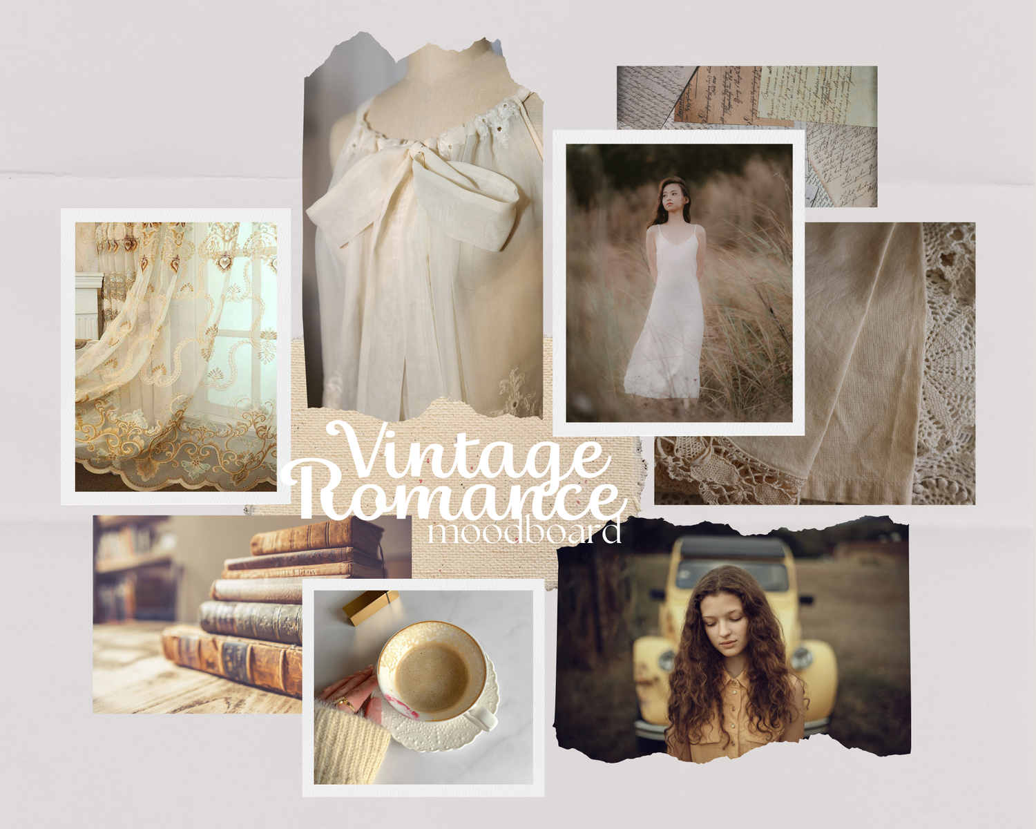 Collage of vintage-themed images with text 'Vintage Romance' on a light gray background.