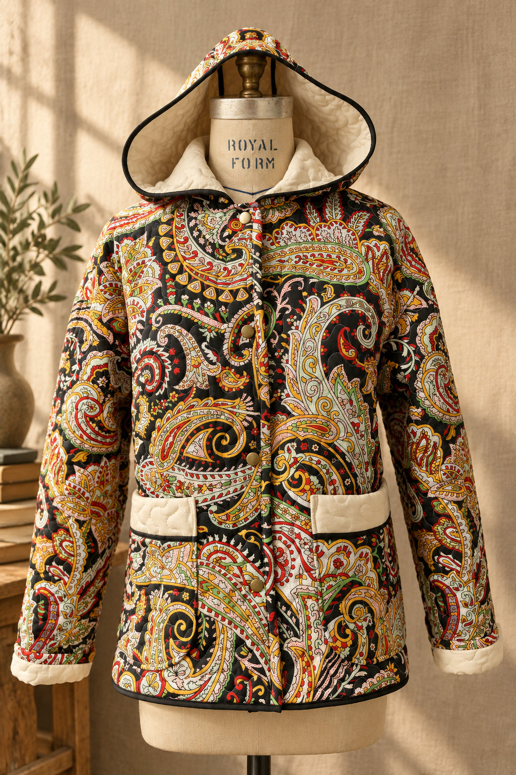 Black Paisley Quilted Coat with Hood | One-of-a-Kind Quilt