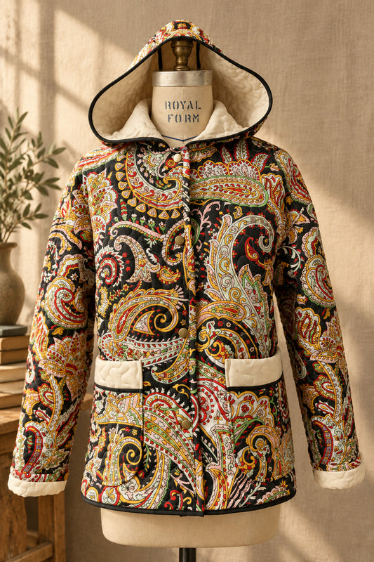 Black Paisley Quilted Coat with Hood | One-of-a-Kind Quilt