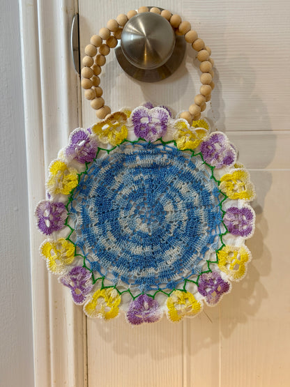 Vintage Blue Doily Purse with Wooden Bead Handles | Crochet Lace Cottagecore Bag | Quiet Heirlooms