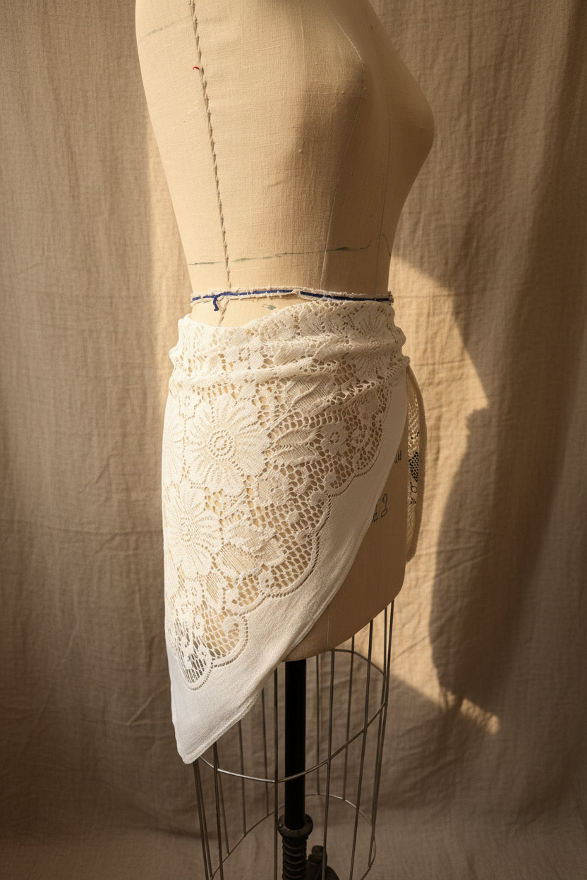 Ivory Floral Lace Triangle Hip Scarf with tie | Upcycled Lace Table Linen