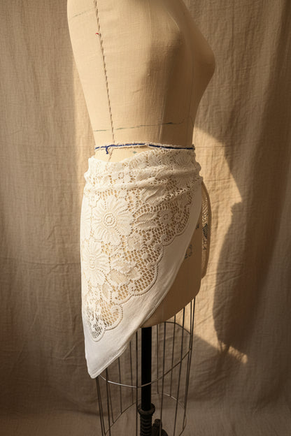 Ivory Floral Lace Triangle Hip Scarf with tie | Upcycled Lace Table Linen