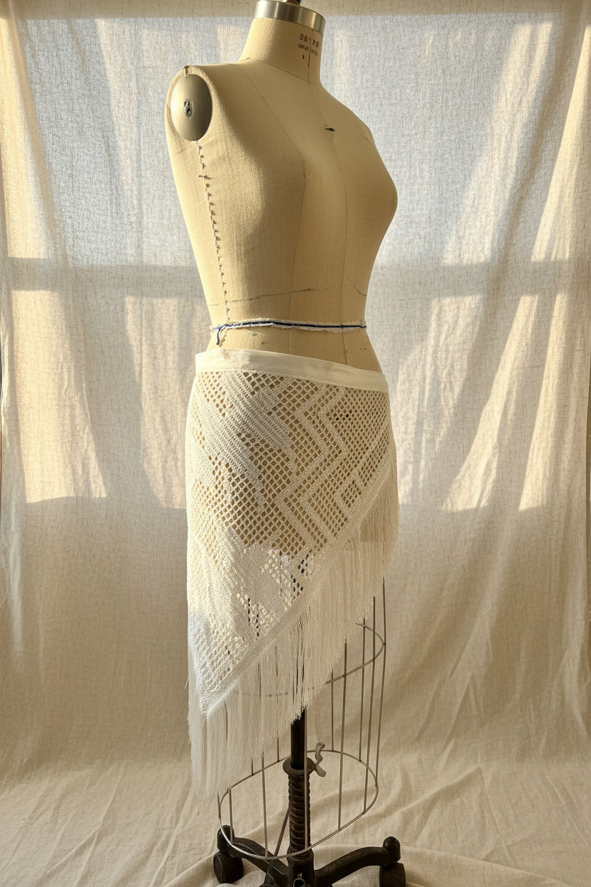 Ivory Crochet Hip Scarf with Fringe | Upcycled Crochet Table Linen