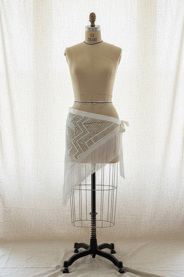 Ivory Crochet Hip Scarf with Fringe | Upcycled Crochet Table Linen