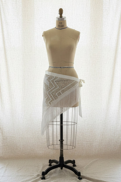 Ivory Crochet Hip Scarf with Fringe | Upcycled Crochet Table Linen