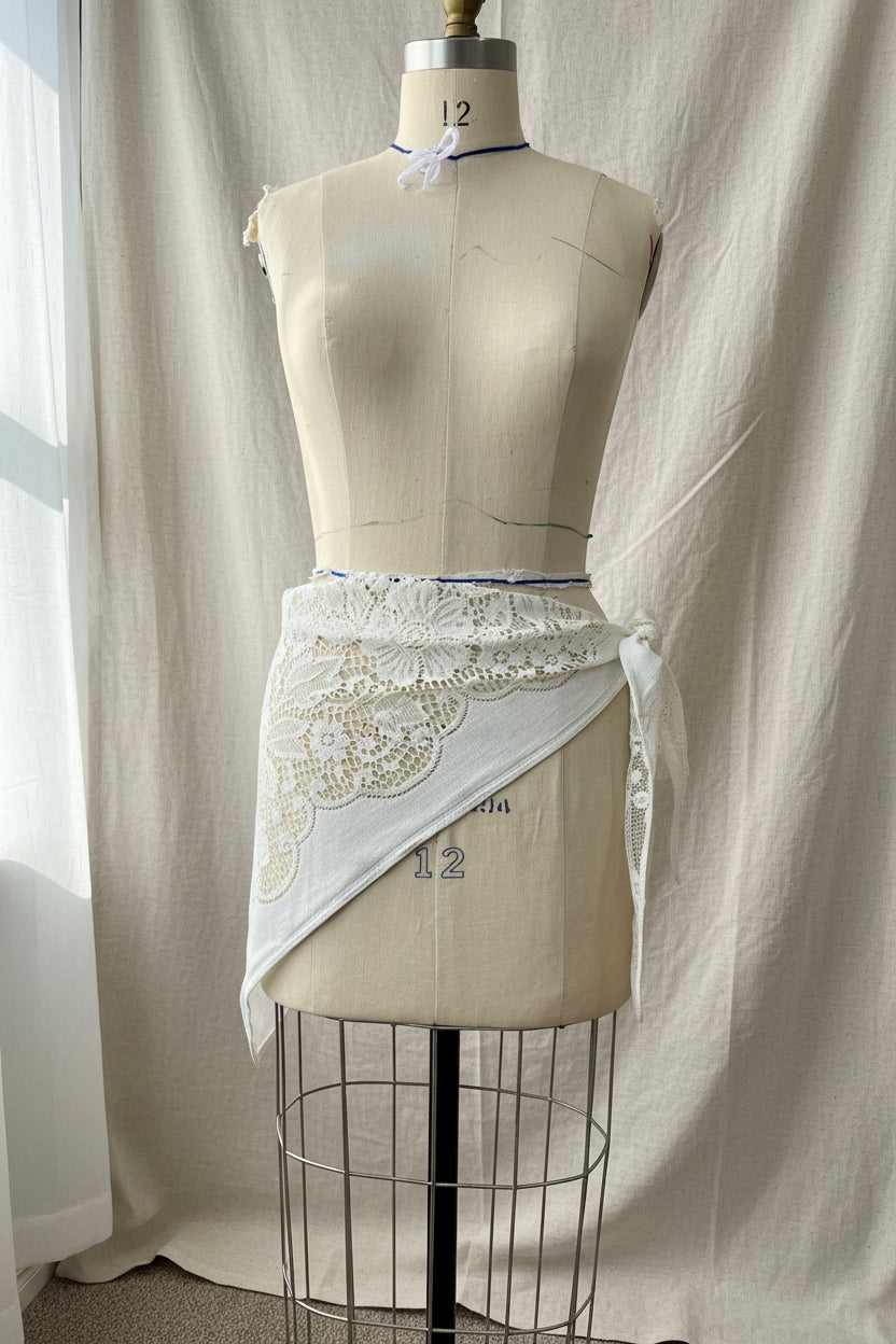 Ivory Floral Lace Triangle Hip Scarf with tie | Upcycled Lace Table Linen