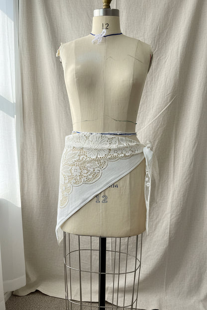 Ivory Floral Lace Triangle Hip Scarf with tie | Upcycled Lace Table Linen