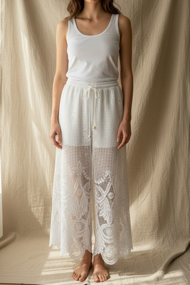 White Lace Pant | Upcycled Table Linen