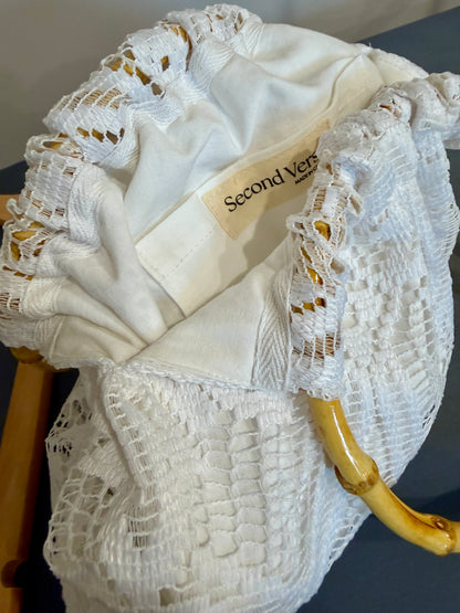 White Lace Bag with Bamboo Handles | Upcycled Lace Table Linen