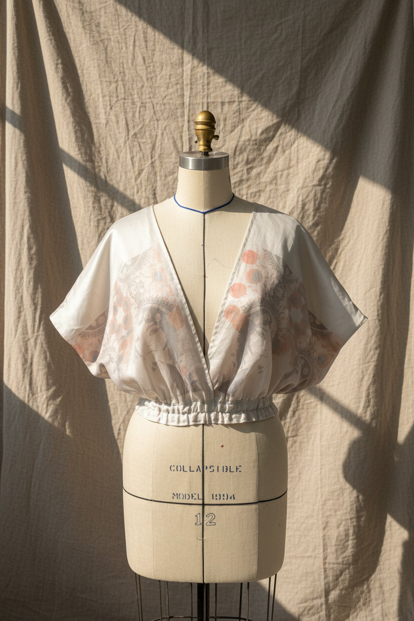 Patterned fabric on a mannequin with dressmaking measurements.
