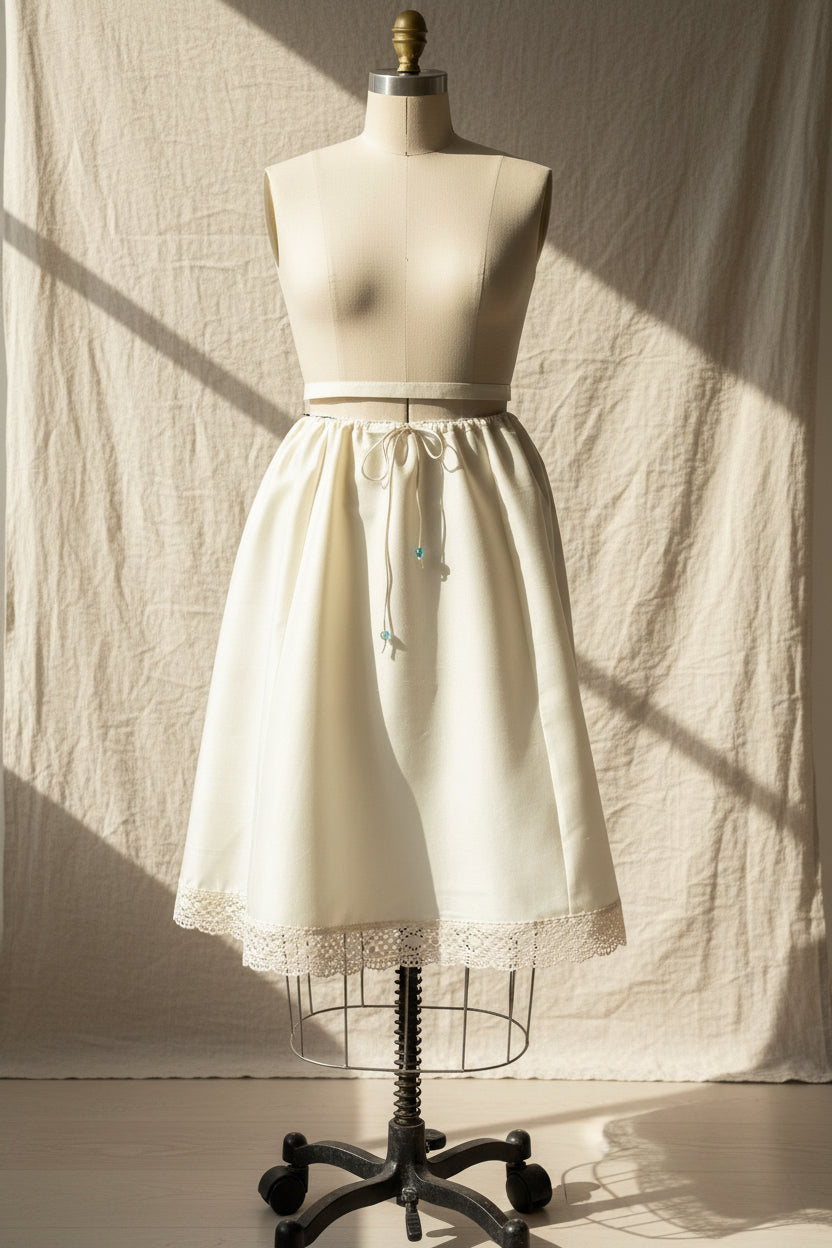 White dress with lace details on a mannequin against a neutral background