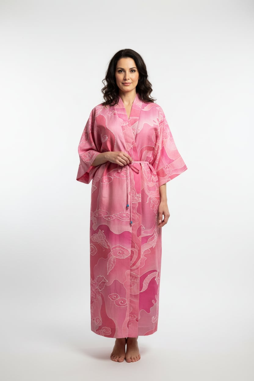 Woman wearing a pink patterned robe on a white background