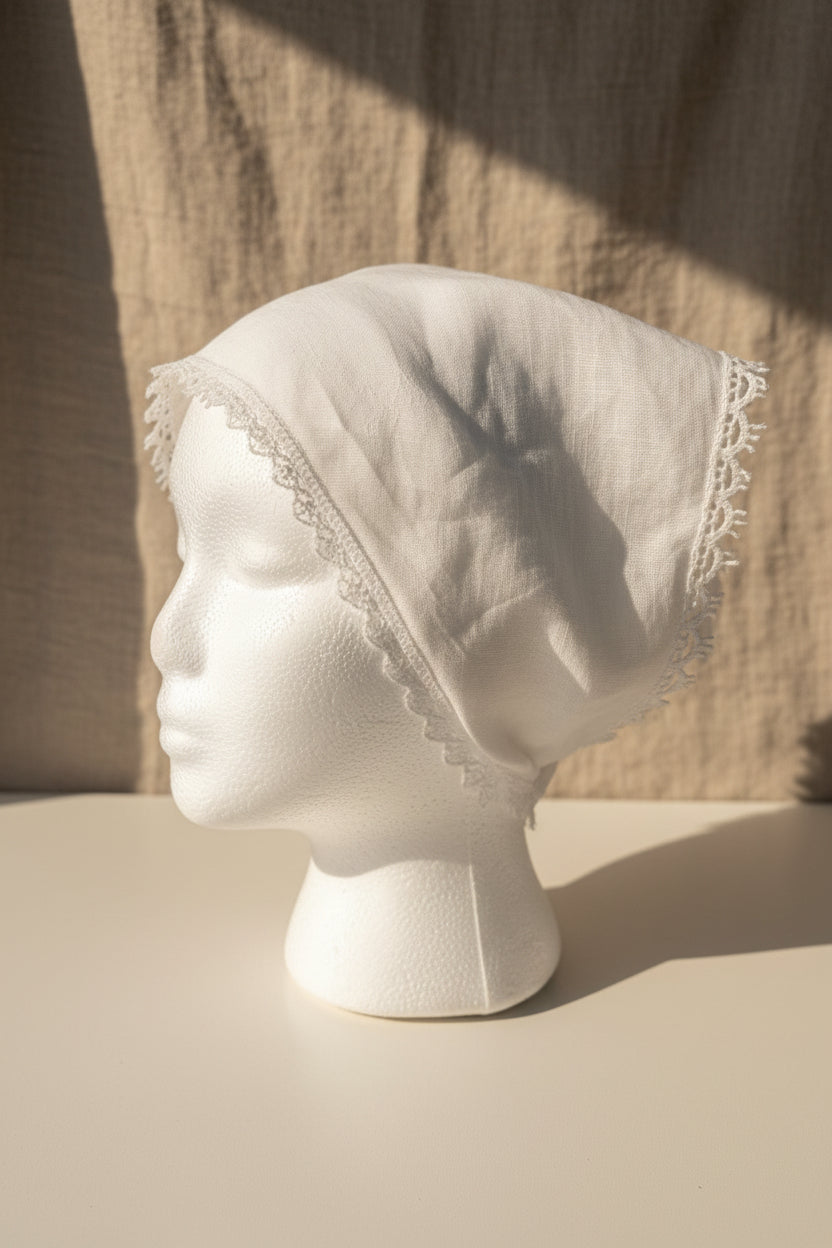 Upcycled Linen Hair Scarf– White Linen Embroidered Head Scarf| Quiet Heirlooms