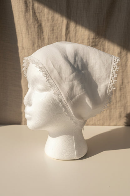 Upcycled Linen Hair Scarf– White Linen Embroidered Head Scarf| Quiet Heirlooms