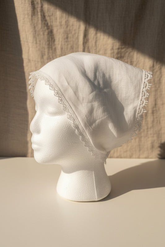 Upcycled Linen Hair Scarf– White Linen Embroidered Head Scarf| Quiet Heirlooms
