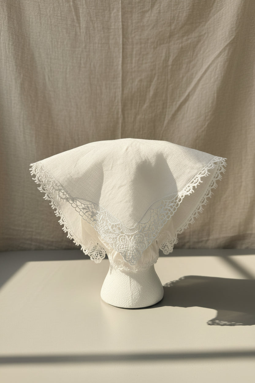 Upcycled Linen Hair Scarf– White Linen Embroidered Head Scarf| Quiet Heirlooms