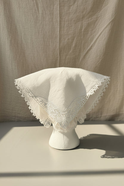 Upcycled Linen Hair Scarf– White Linen Embroidered Head Scarf| Quiet Heirlooms