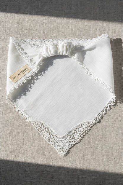 Upcycled Linen Hair Scarf– White Linen Embroidered Head Scarf| Quiet Heirlooms