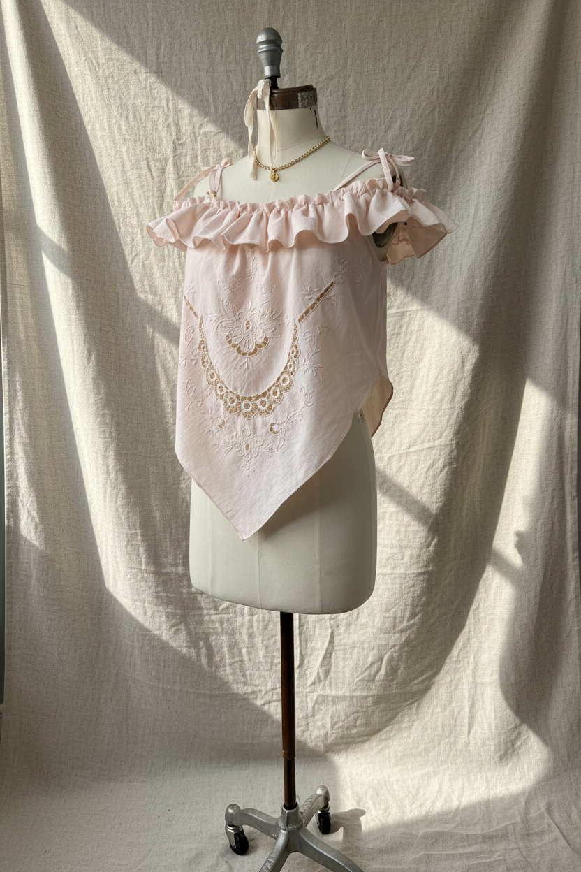 Avocado dyed vintage linen off shoulder top with embroidered handkerchief hem from the Quiet Heirlooms sustainable fashion collection.