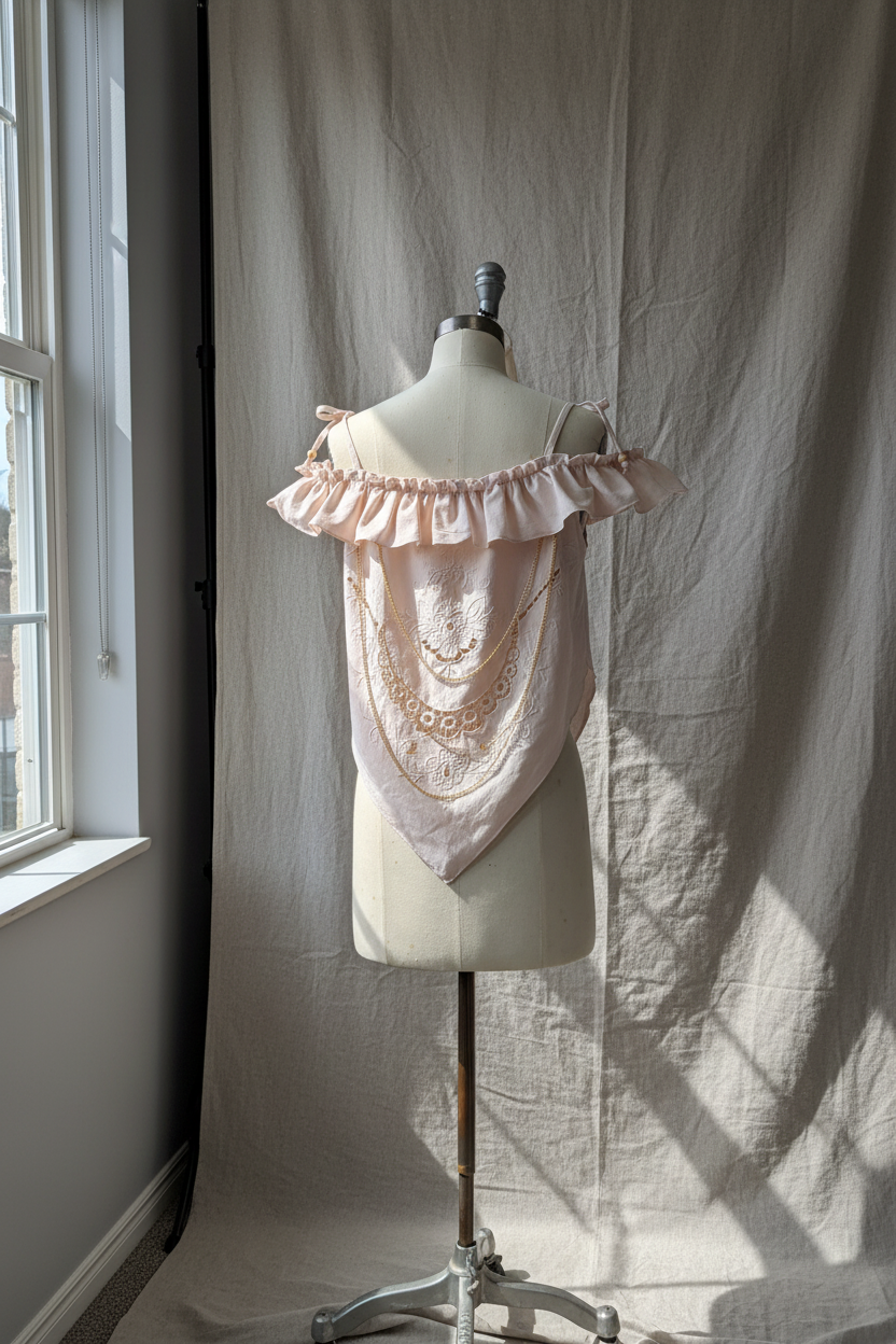 Backview of an Avocado dyed vintage linen off shoulder top with embroidered handkerchief hem from the Quiet Heirlooms sustainable fashion collection.
