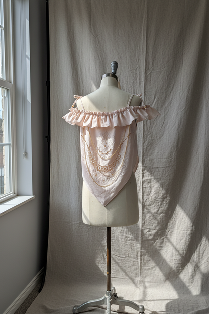 Backview of an Avocado dyed vintage linen off shoulder top with embroidered handkerchief hem from the Quiet Heirlooms sustainable fashion collection.