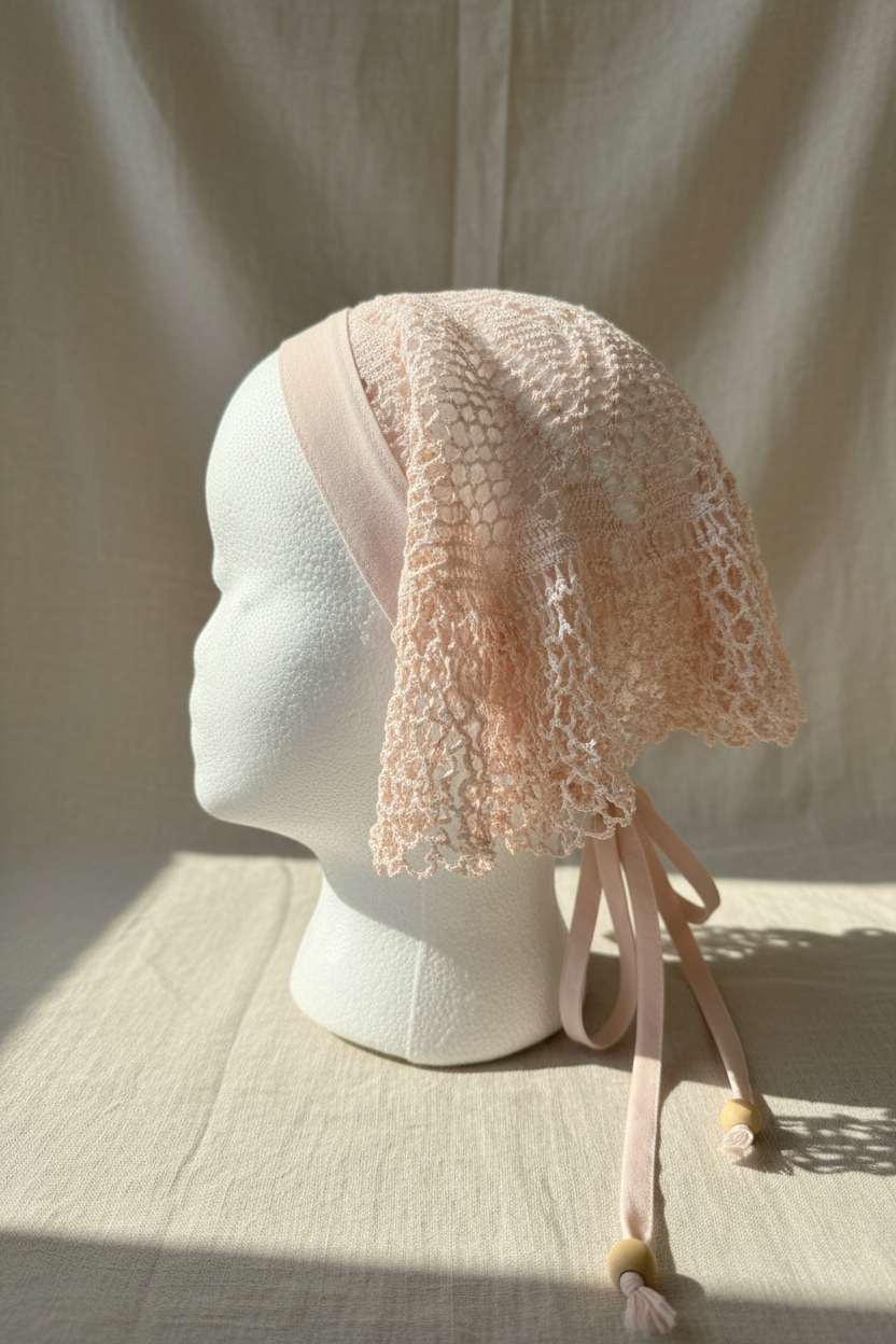 Avacodo pink dyed doilie made into a hair scarf 