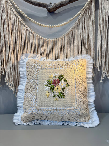 Vintage Crochet Lace Pillow Cover | Ribbon Embroidered Throw Pillow | Quiet Heirloom 20”x20”