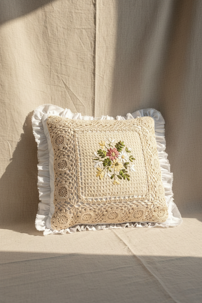 Vintage Crochet Lace Pillow Cover | Ribbon Embroidered Throw Pillow | Quiet Heirloom 20”x20”
