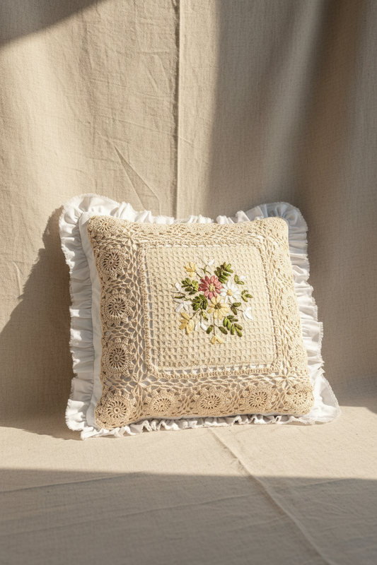 Vintage Crochet Lace Pillow Cover | Ribbon Embroidered Throw Pillow | Quiet Heirloom 20”x20”