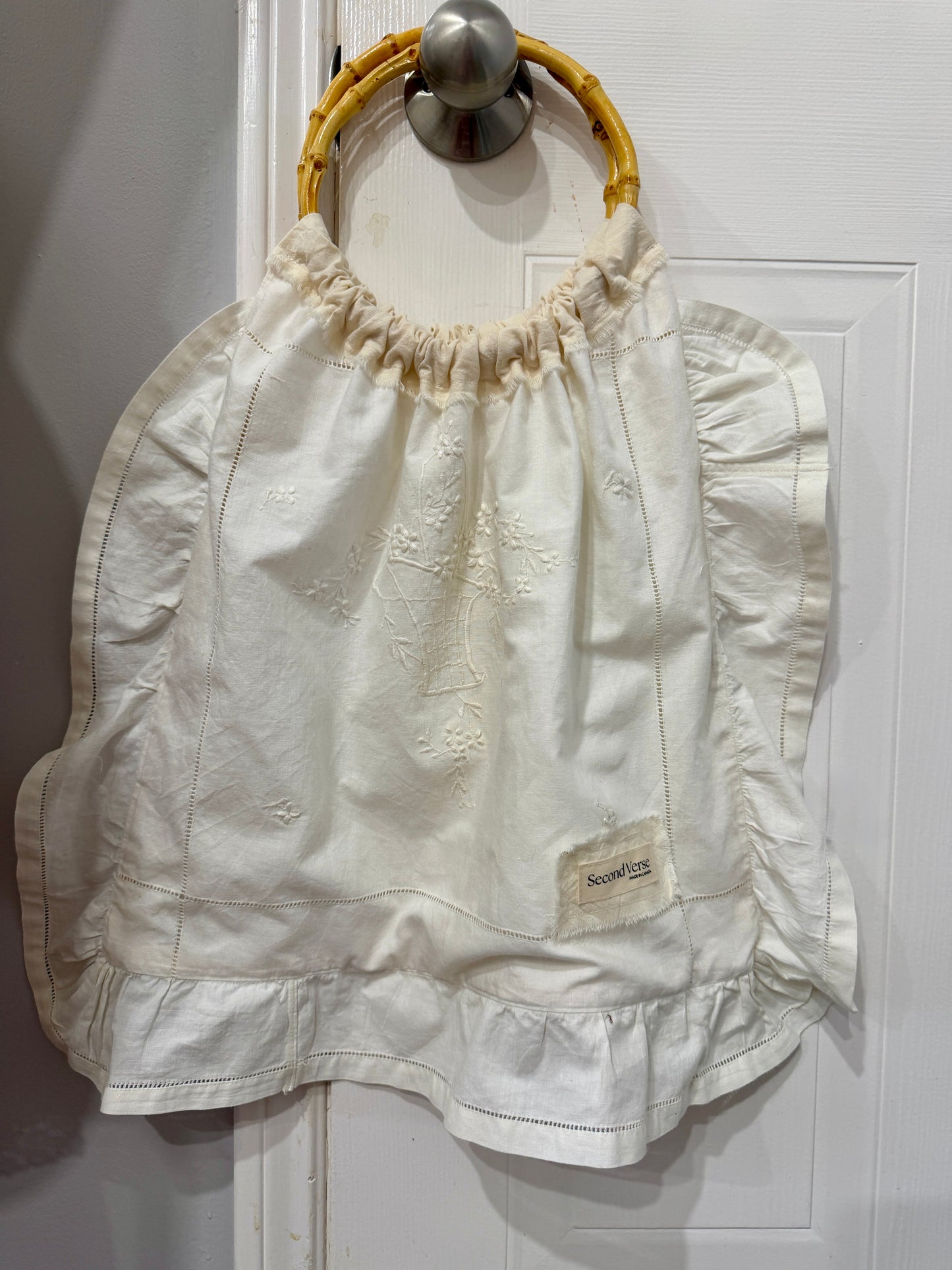 Ivory Embroidered Tote Bag with Bamboo Handles | Vintage Cottagecore Bag