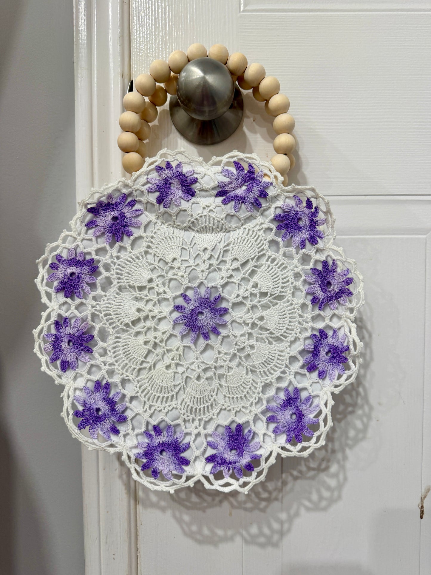 Vintage Lavender Doily Purse with Wooden Bead Handles | Crochet Lace Cottagecore Bag | Quiet Heirlooms