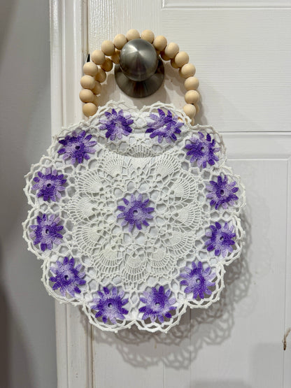 Vintage Lavender Doily Purse with Wooden Bead Handles | Crochet Lace Cottagecore Bag | Quiet Heirlooms