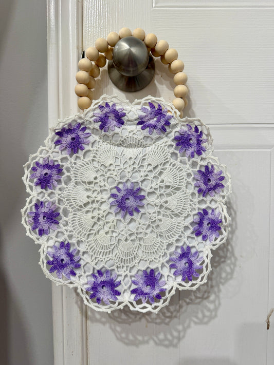 Vintage Lavender Doily Purse with Wooden Bead Handles | Crochet Lace Cottagecore Bag | Quiet Heirlooms