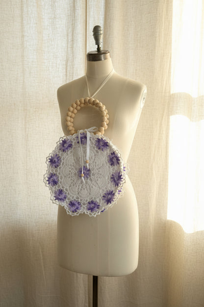 Vintage Lavender Doily Purse with Wooden Bead Handles | Crochet Lace Cottagecore Bag | Quiet Heirlooms