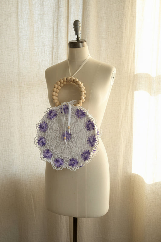 Vintage Lavender Doily Purse with Wooden Bead Handles | Crochet Lace Cottagecore Bag | Quiet Heirlooms