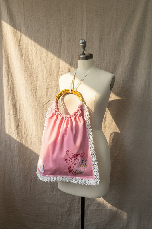 Pink Embroidered Tote Bag with Bamboo Handles | Vintage Cottagecore Bag