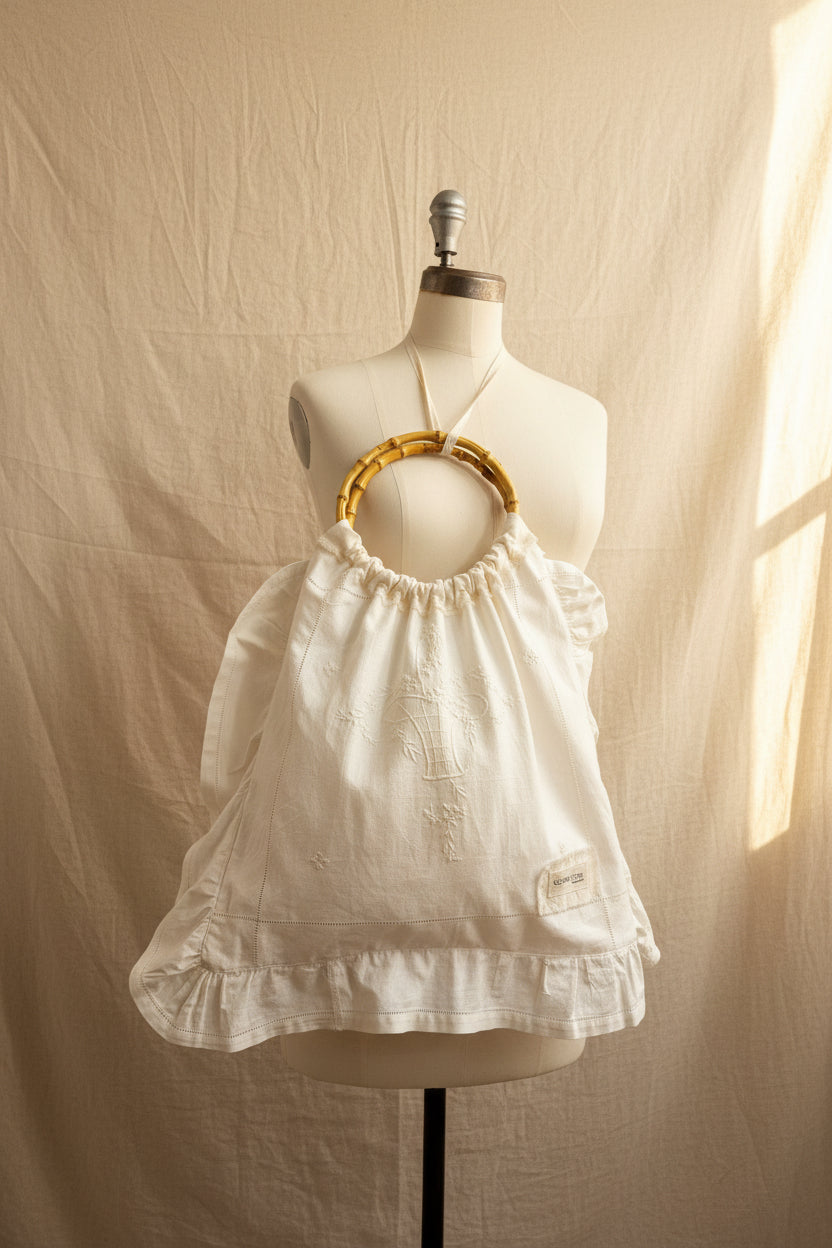 Ivory Embroidered Tote Bag with Bamboo Handles | Vintage Cottagecore Bag