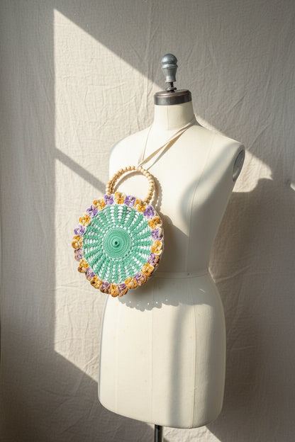 Upcycled Green Doily Purse – Handmade Lace Handbag with Wooden Bead Handles | Quiet Heirlooms