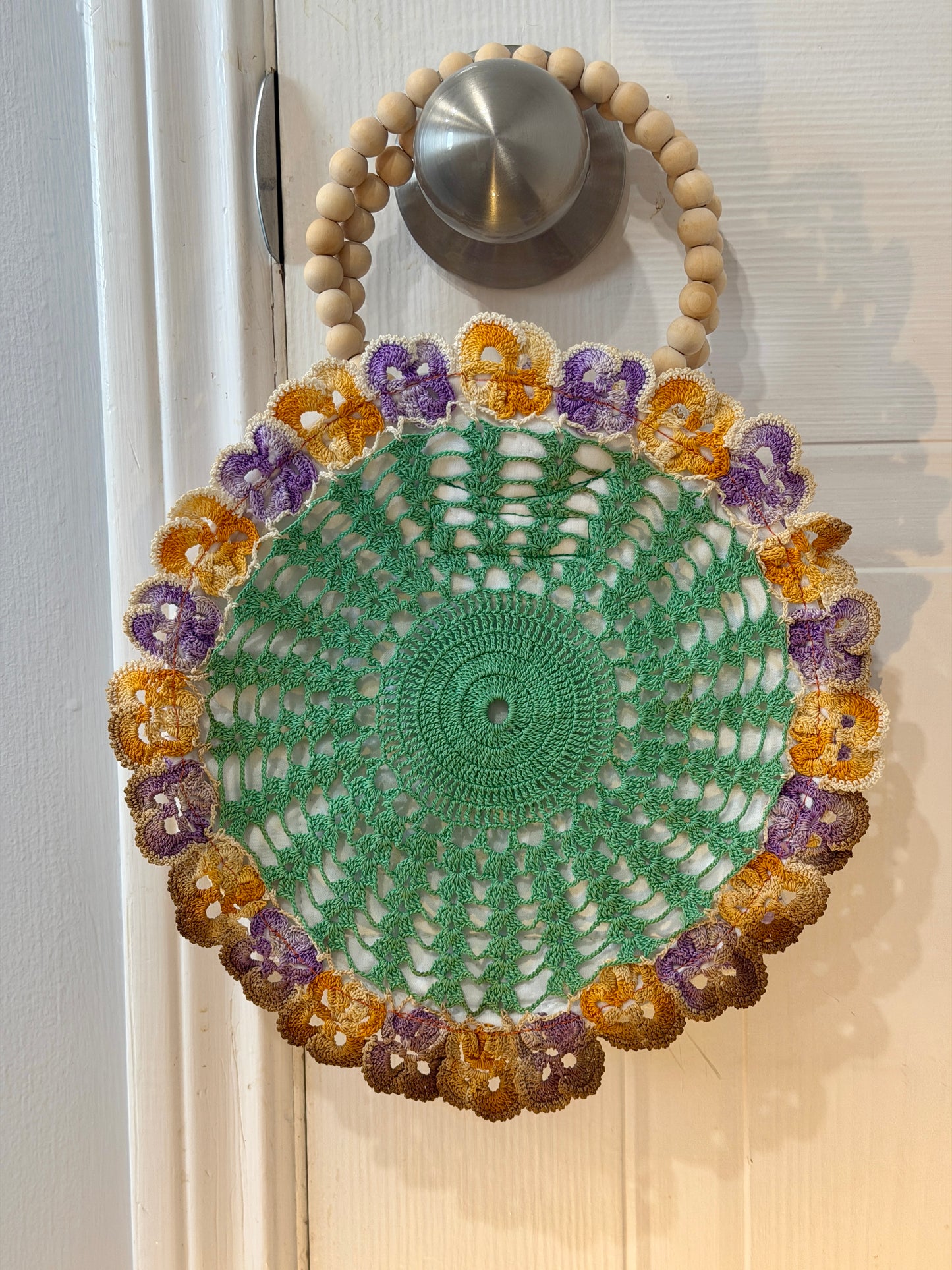 Upcycled Green Doily Purse – Handmade Lace Handbag with Wooden Bead Handles | Quiet Heirlooms