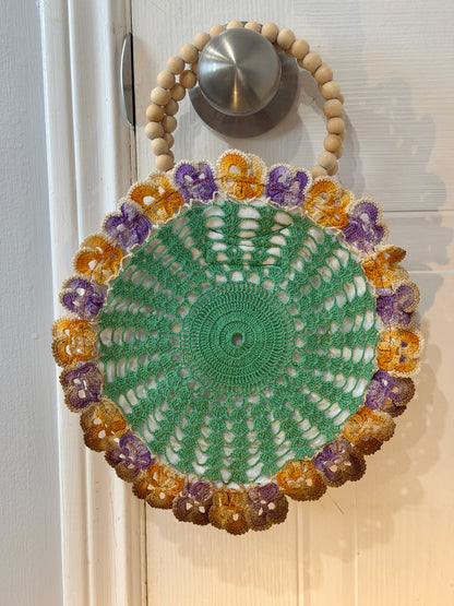 Upcycled Green Doily Purse – Handmade Lace Handbag with Wooden Bead Handles | Quiet Heirlooms