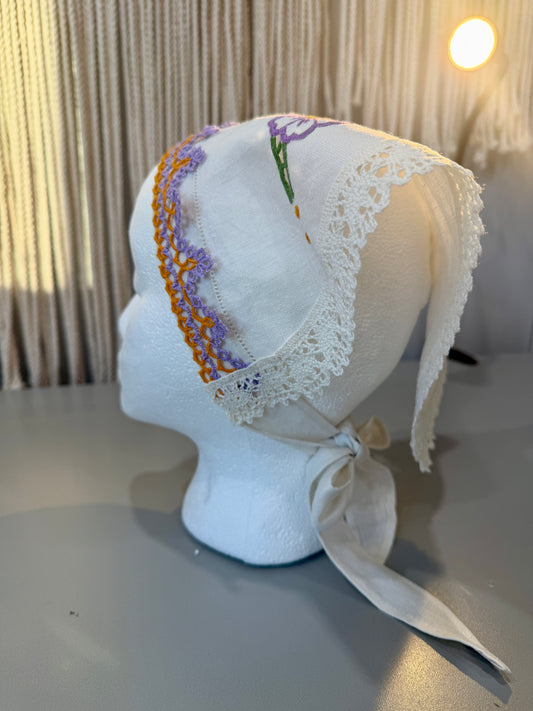 Embroidered Linen Head Scarf with Lace Trim | Cottagecore Hair Scarf