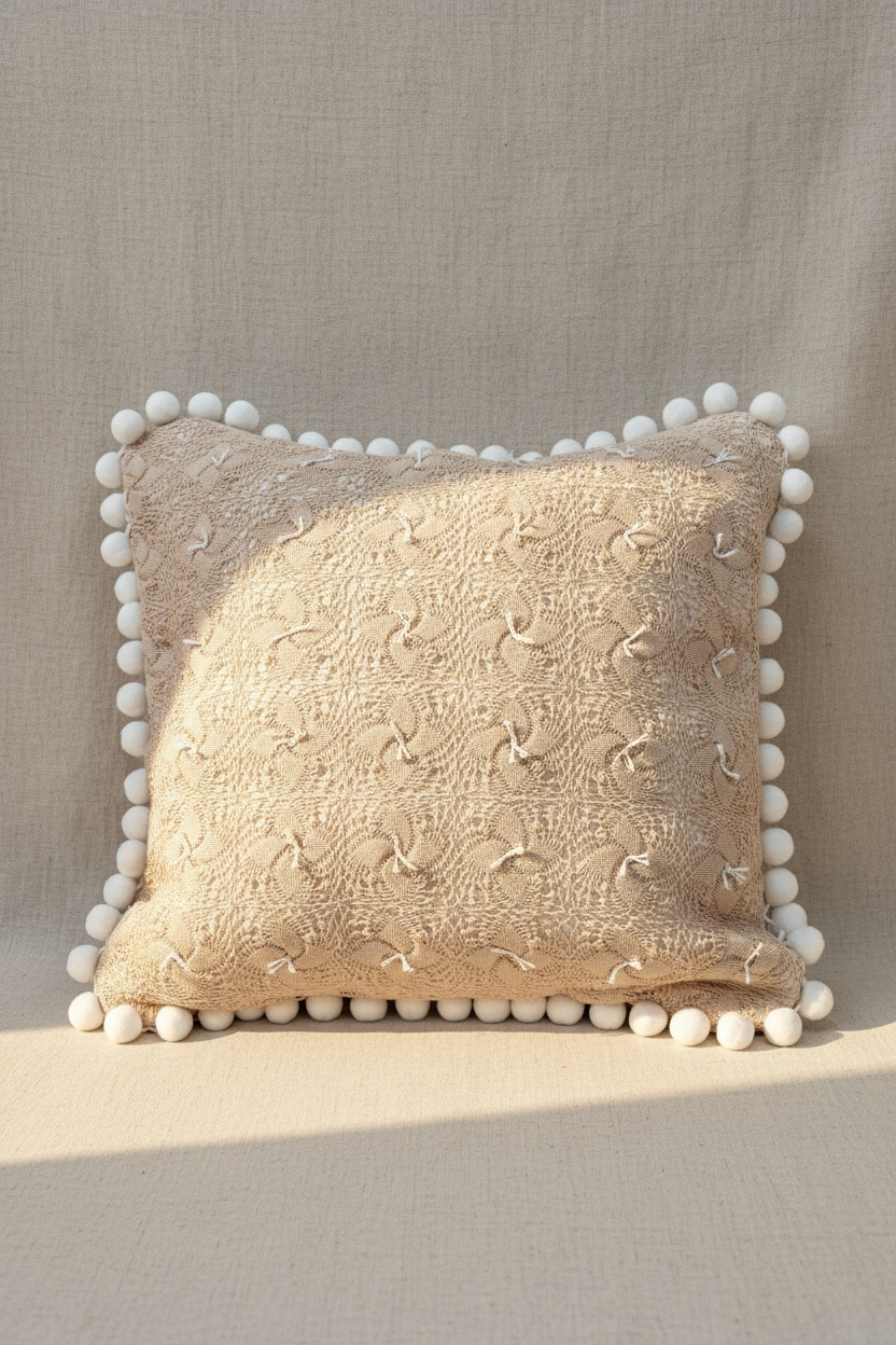 Vintage Crochet Lace Pillow | Pom pom trimmed Throw Pillow | Quiet Heirloom 20”x20”